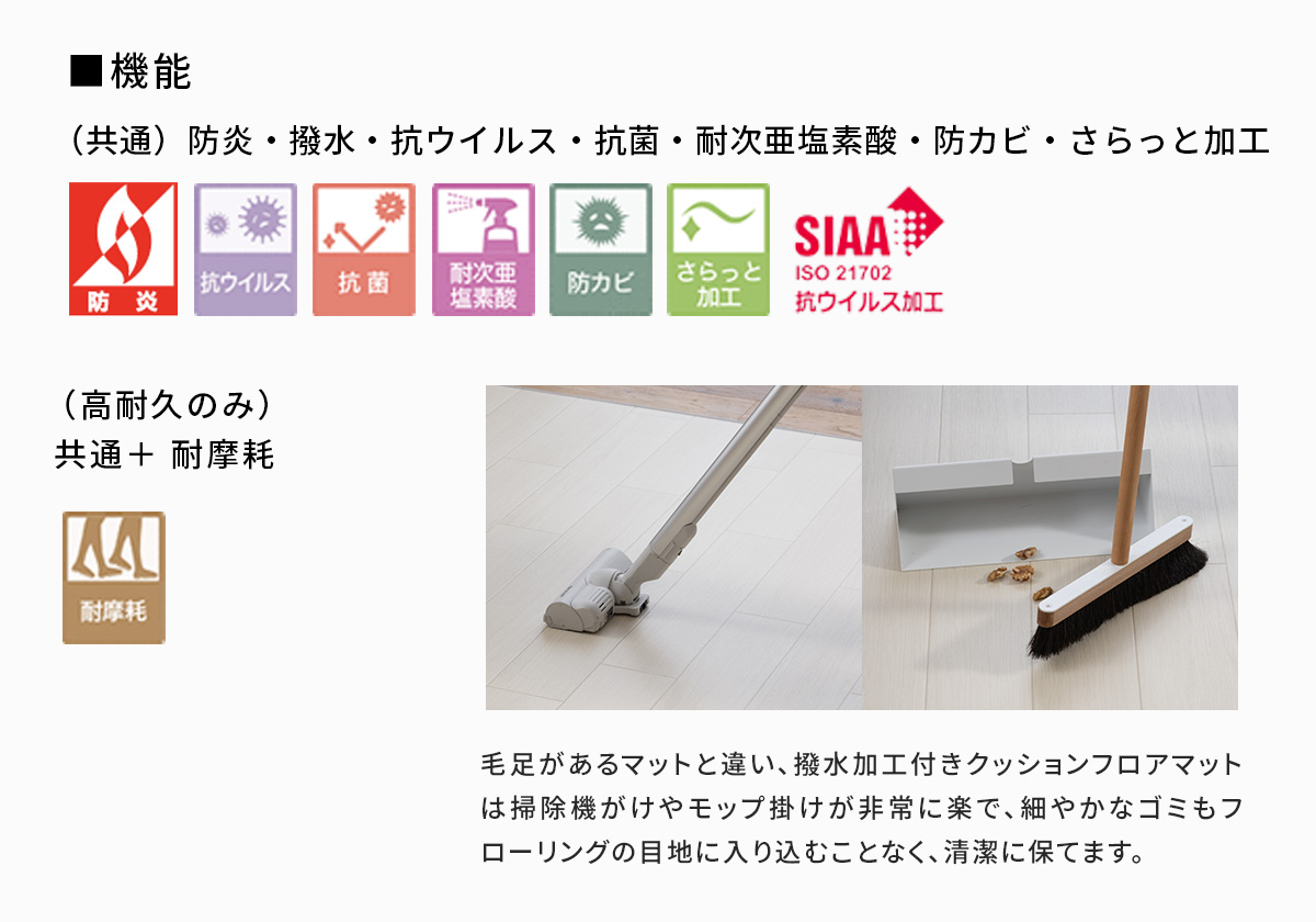 撥水・抗菌 拭けるクッションフロアキッチンマット フラット仕上げ